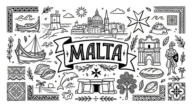 Malta Island Travel Landmarks in Black and White Hand Drawn Doodle Style