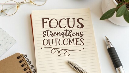 Fototapeta premium Inspiring handwritten note emphasizing focus and strength leading to positive outcomes in a modern workspace setting