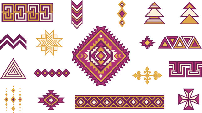 Ethnic tribal geometric shapes and symbols set with traditional aztec native vector design elements.