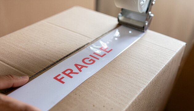 Close up of a hand sealing a cardboard box using a tape dispenser with white fragile warning tape, concept of logistics delivery, secure packaging, moving house, and shipping.