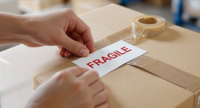 Close up of hands applying a white fragile warning sticker label onto a brown cardboard parcel box, concept of careful package handling, secure shipping, and online logistics.