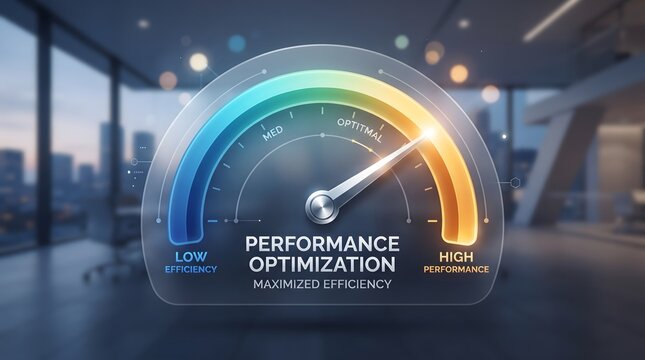 Performance optimization gauge displaying a high efficiency score, representing operational excellence and productivity improvement