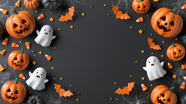 Playful Halloween advertising background, deep charcoal-black seamless surface with cute three-dimensional jack-o-lanterns, friendly cartoon ghosts, orange bats, candy corn pieces,