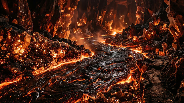 A dynamic river of glowing molten lava carves its path through a treacherous dark volcanic cavern, illuminating the rough terrain with intense fiery energy, creating an epic geological scene