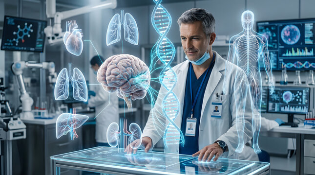 Medical researcher using holographic interface with brain and anatomy visuals in laboratory