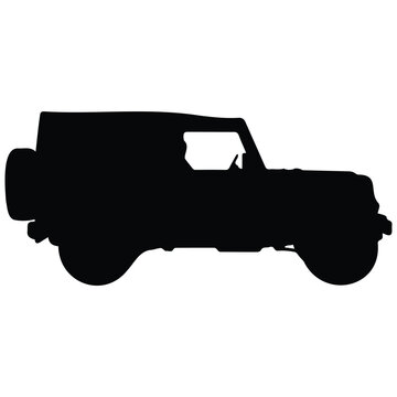 Side view of a classic off road vehicle, a rugged jeep vector silhouette illustration.