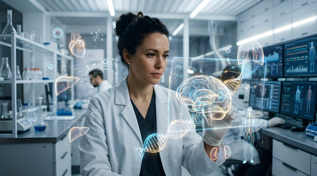 Female scientist analyzing holographic brain interface in modern laboratory