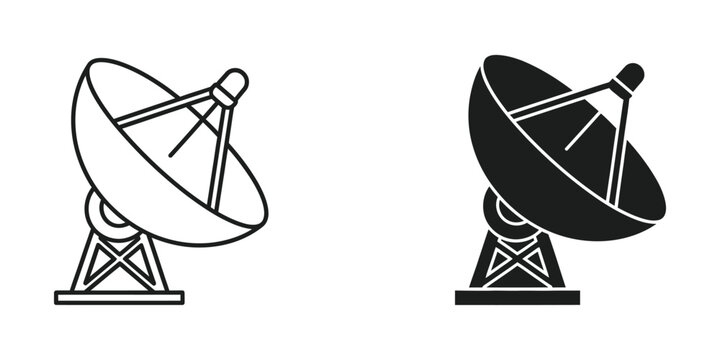 Satellite dish antenna set in outline and solid black style for space communication and global data reception