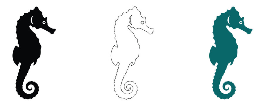 Seahorse silhouettes black outline and teal vector illustrations for marine design projects