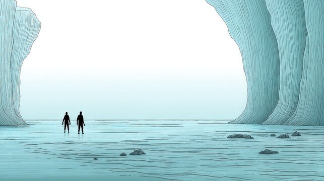 Two People Walking in a Large Ice Cave with Blue and White Shades