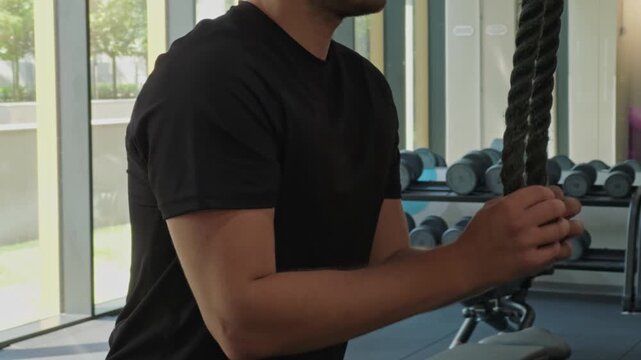 Man performing tricep pushdown exercise in modern gym