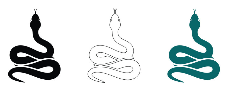 Three cobra illustrations black white line art and teal color variations