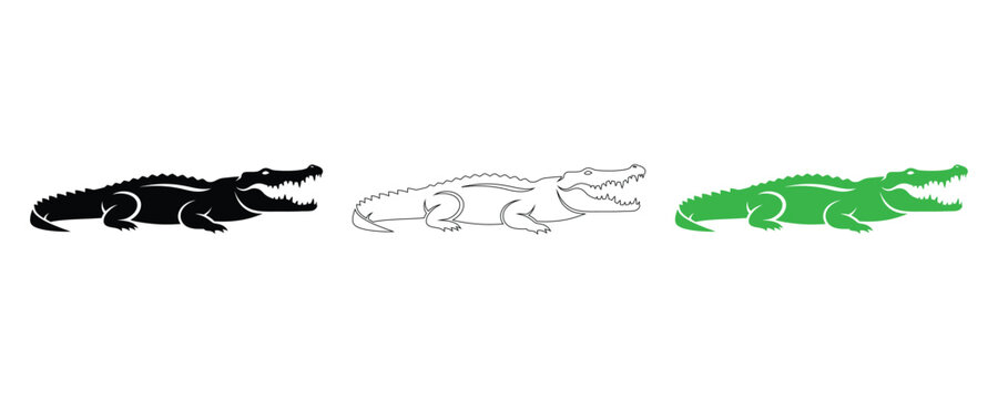 Alligator vector set black outline and green color variations for design projects