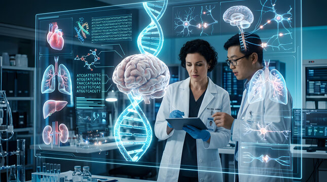 Medical researchers analyzing holographic human anatomy in modern laboratory