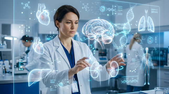 Female doctor using digital medical interface with holographic anatomy displays in modern clinic