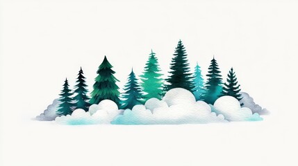 Fototapeta premium Watercolor Painting of Evergreen Trees and Clouds for Nature Decor
