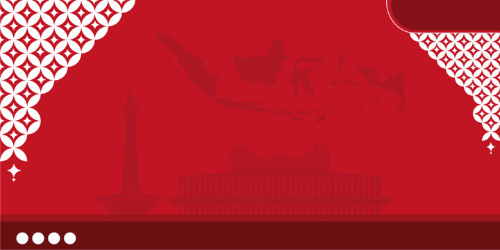 Indonesia festive banner background on red with Monas monument silhouette, IKN Garuda palace, batik pattern, and country map.