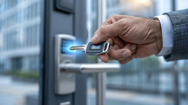 Hand turning electromechanical key with visible embedded electronic module in high-security door lock, soft blue confirmation glow at key bow, modern office door background, clean