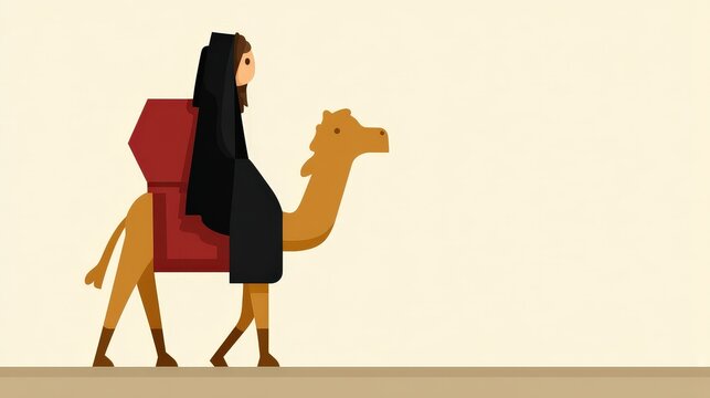 Woman with long dark hair riding a camel with red saddle on plain background