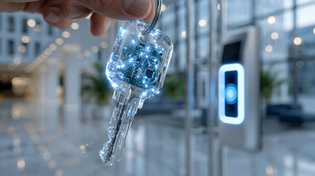Futuristic electromechanical key with translucent housing revealing embedded circuit board, hovering near illuminated door sensor, sleek corporate lobby background, realistic refle