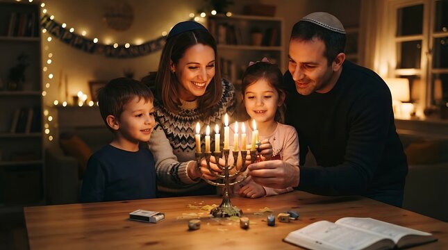 Happy Jewish family celebrating Hanukkah lighting the menorah together at home, festive atmosphere with warm lights and decorations