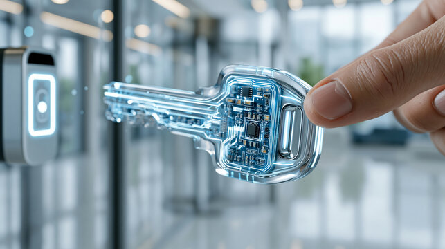 Futuristic electromechanical key with translucent housing revealing embedded circuit board, hovering near illuminated door sensor, sleek corporate lobby background, realistic refle
