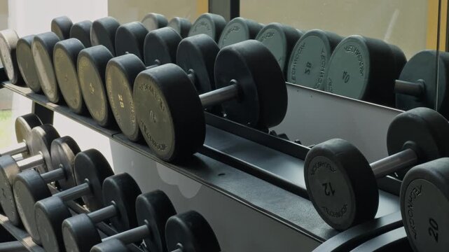 Person choosing dumbbell for fitness training at gym
