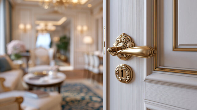 Elegant hotel room door with electromechanical key containing embedded electronic chip turning in ornate lock, soft warm hallway lighting, luxury interior design details visible th