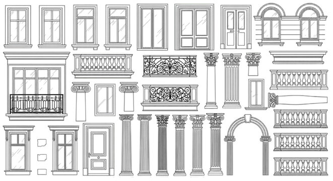 Classical Column and Balustrade Elevation Line Art Collection with Windows and Doors
