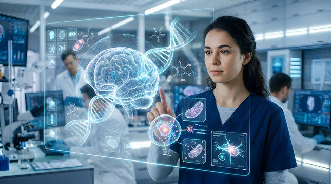 Female healthcare professional using holographic brain interface in modern medical lab