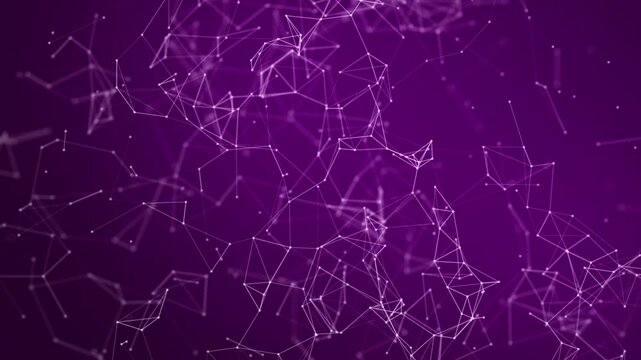 Purple graphic plexus background with moving lines and dots, abstract futuristic backdrop. Seamless loop