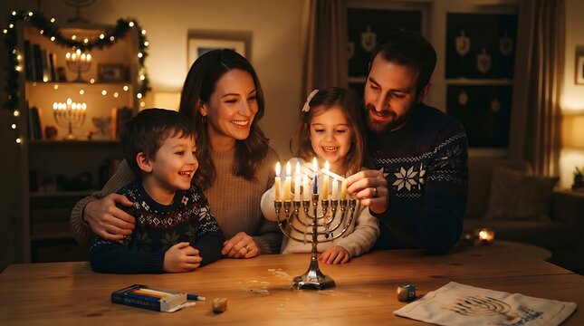 Joyful family celebrating Hanukkah lighting the menorah together indoors with warm glowing candles and festive decorations creating a happy holiday atmosphere