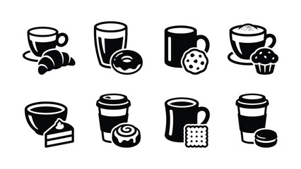 Obraz premium Black and white icons of coffee drinks with various pastries and snacks