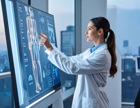A female doctor in a lab coat interacts with a large digital screen displaying a human skeletal system