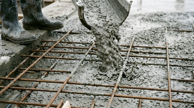 Concrete pouring process reinforcing steel and wet cement foundation work