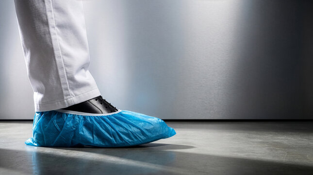Close up of blue plastic bootie on shoe with white pants in laboratory