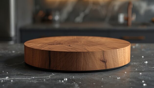 Empty Round Wood Pedestal for Product Mockup on Dark Marble Stone Kitchen Counter Table Surface Background Presentation
