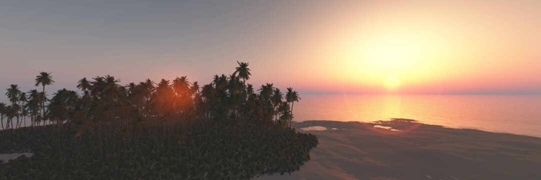 Beautiful beach with palm trees at sunset, panorama of a tropical landscape, sea sunset,
3d rendering