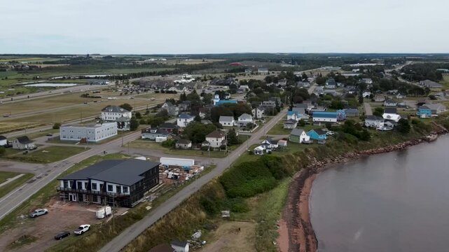 Aerial view of Borden-Carleton town infrastructure and rural tourism destination in Prince Edward Island