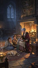 Obraz premium Historical Scene of a Woman Reading to Children by Fireplace in Medieval Castle