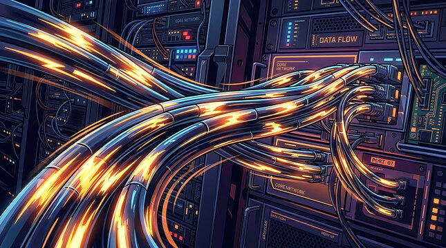 Glowing fiber optic cables connecting server racks in a futuristic data center for high speed networking