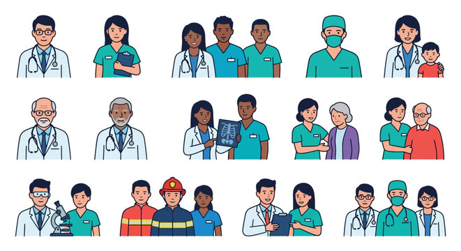 Diverse medical professionals and workers.