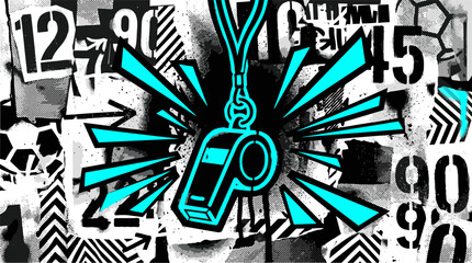 Urban graffiti soccer background with whistle, abstract street art collage with football elements, grungy sport poster vector © 成 sнıηяα тєηsєı ツ