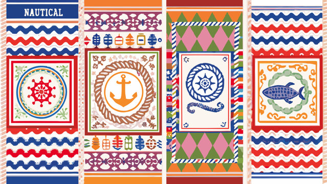 Nautical themed vector illustrations with anchors ships and steering wheels on striped backgrounds anchor maritime