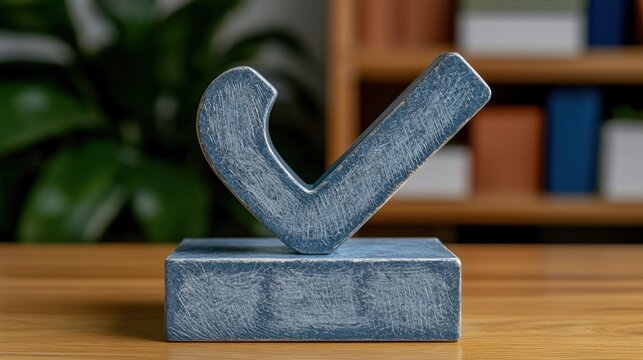 Blue checkmark on wood surface in indoor setting