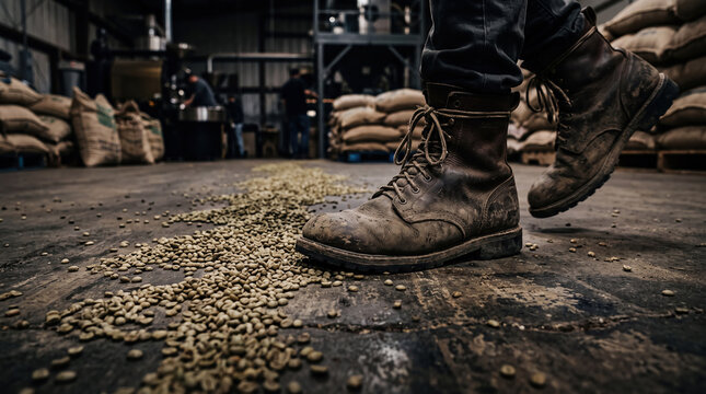 Worker boot coffee bean warehouse dusty floor footwear walking sack industrial close up workwear on gritty floor beside scattered bean pile and burlap storage bag rugged labor scene