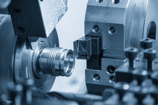 High-precision multi-tasking CNC lathe machine performing a slot cutting process on metal parts.