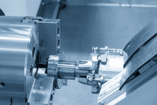High technology robotic system performing an automated material handling process on a CNC lathe machine.