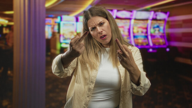 Woman wearing beige shirt and white top shows both middle fingers toward camera, one hand near face, in a casino; anger defiance.
