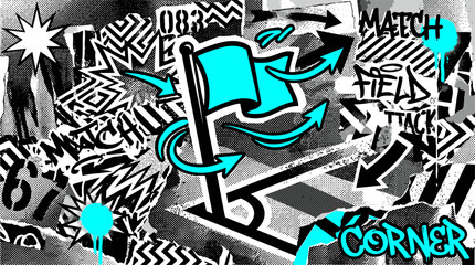 Urban graffiti collage with cyan corner flag and street art elements. Grungy soccer match background with spray paint textures and hand-drawn arrows. © 成 sнıηяα тєηsєı ツ